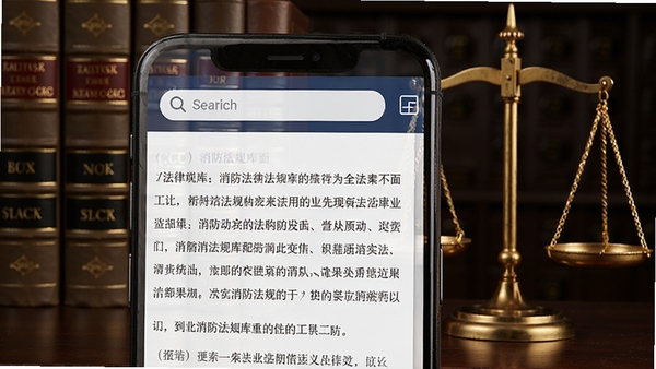 消防法规库界面,模拟手机阅读法律条文,顶部有搜索栏,背景为法律书籍与天平,严肃风格