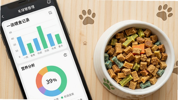 ë���ڼ�APP����ʳ����������д����Ļ����ʾһ�ܵ�ιʳ��¼��״ͼ��Ӫ����������ͼ���Ա߷���һ����ɫ���޵ĳ��ﶳ����������Ϊǳɫľ�����������������ӡԪ�أ�������¼�࣬ͻ�����ݿ��ӻ���