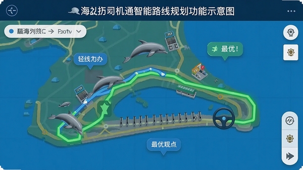 双海豚司机通智能路线规划功能示意图,地图上显示多条路线推荐,绿色为最优路线
