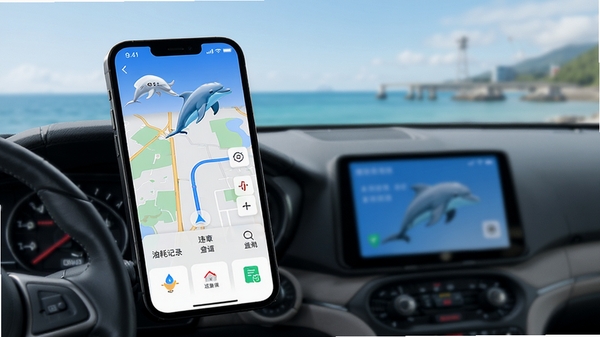 双海豚司机通App界面展示,包含地图导航、油耗记录、违章查询等功能模块,风格简洁现代