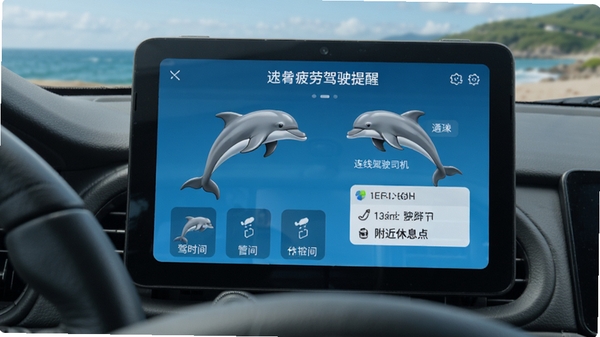 双海豚司机通疲劳驾驶提醒界面,显示连续驾驶时间与附近休息点推荐