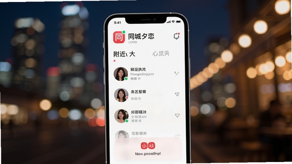 现代简约风格的手机界面展示,屏幕上有同城夕恋LOGO、附近的人列表与心动匹配提示,背景是模糊的都市夜景与温暖灯光,画面干净明亮,突出社交氛围
