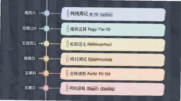 纯纯周记时间轴视图,左侧显示周一至周日的日期节点,右侧对应显示该日的简要记录卡片,界面采用卡片式设计,色彩柔和,体现清晰的时间脉络