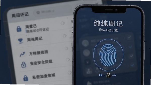 纯纯周记隐私加密设置页面,显示指纹解锁示意图,背景为模糊的周记列表,强调安全与私密性,色彩以深蓝和灰色为主,凸显科技感