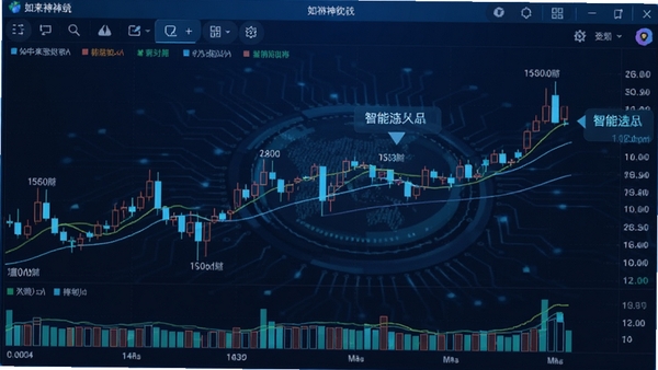 如来神涨软件界面截图,展示股票K线图与智能信号提示,科技感蓝色主色调