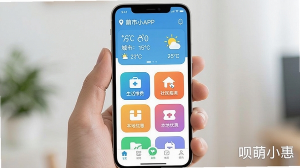 һ�������ֻ���Ļչʾ����С��APP�����棬���������¼�࣬������ʾ���ж�λ���������в���������ɷѡ��������񡢱����ŻݵȲ�ɫ����ͼ�꣬�ײ����������������廭��������ͻ������������ݸУ�����APP��������С��ˮӡ��