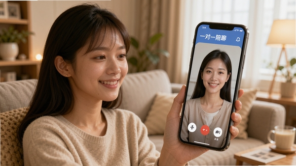 一个温馨的手机界面,展示一款名为“一对一陪聊”的APP,背景为柔和的暖色调客厅,一位年轻女性正微笑着用手机与屏幕另一端的陪聊师视频通话,画面温馨自然,突出真人陪伴与情感交流的氛围。