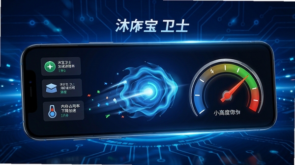 沐宝卫士一键加速功能演示,手机屏幕显示加速动画,后台进程被清理,内存占用率下降,速度仪表盘指针指向高速区域,背景为蓝色科技感光效,动态效果,高清渲染