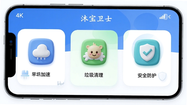 沐宝卫士软件主界面截图,展示手机加速、垃圾清理、安全防护等功能模块,风格简洁现代,色彩清新,UI设计美观,带有3D图标元素,高分辨率,4K画质