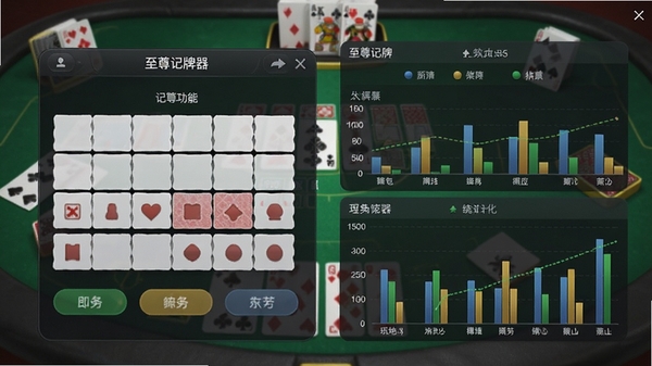 至尊记牌器软件界面截图,展示记牌功能面板与统计图表,背景为棋牌游戏桌面,风格简洁明亮
