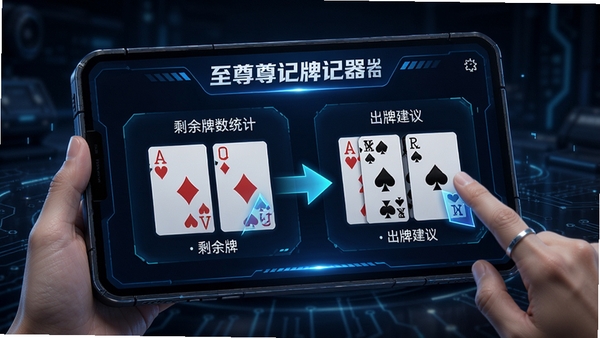 至尊记牌器智能提示功能演示,显示剩余牌数统计与出牌建议箭头,界面带有科技感光效
