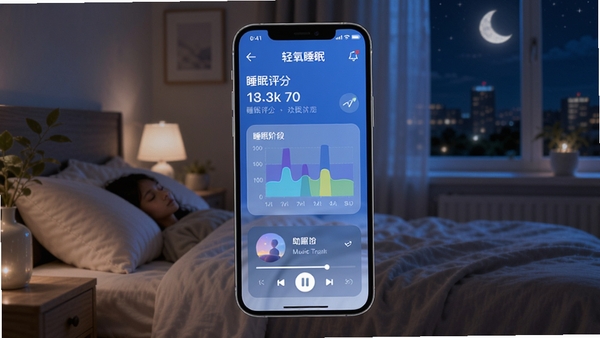 轻氧睡眠app界面展示,显示睡眠评分、睡眠阶段图表和助眠音乐播放器,整体风格清新自然,蓝色调,手机屏幕居中,背景为卧室夜景