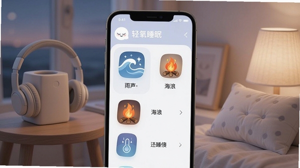 轻氧睡眠app助眠音频列表,包含雨声、海浪、篝火等图标,界面简洁,耳机与枕头元素,营造安静舒适的氛围