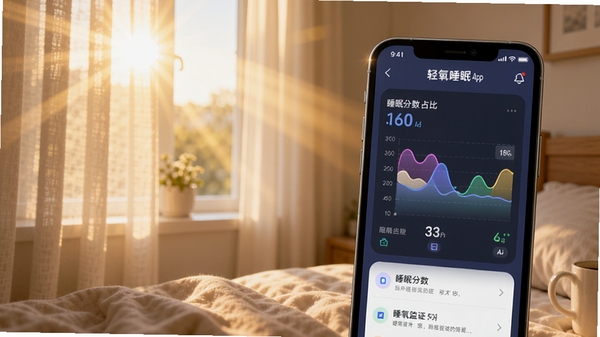 轻氧睡眠app睡眠监测图表,展示不同睡眠阶段占比,配以清晨阳光透过窗帘的温馨场景,手机界面清晰显示睡眠分数与建议