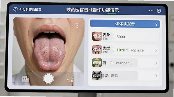 歧黄医官智能舌诊功能演示,用户拍摄舌苔照片,AI分析并生成体质报告,界面清晰,结果详细,包含舌象特征、体质类型、调理建议等