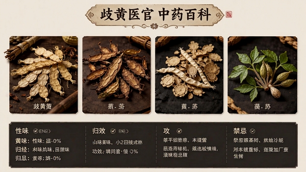 歧黄医官中药百科页面,展示黄芪等中药材高清图片,下方有性味、归经、功效、禁忌等详细介绍