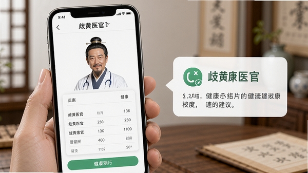 歧黄医官app在手机上安装运行,手机屏幕显示健康测评页面,旁边有专业的健康建议提示