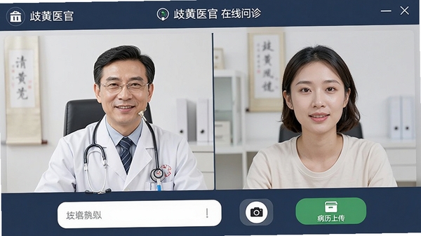 歧黄医官在线问诊页面,医生与患者视频通话,界面下方有输入框、拍照按钮、病历上传等功能,简洁专业
