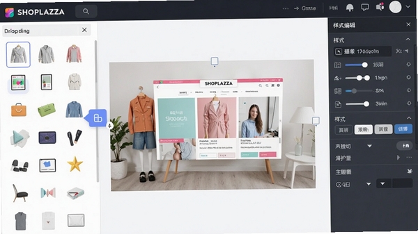 SHOPLAZZA����ģ��༭�����棬չʾ��קʽ�����������л�Ч�������������б����м��ǵ���ʵʱԤ�����Ҳ�����ʽ������壬ɫ�����죬�����Ѻá�