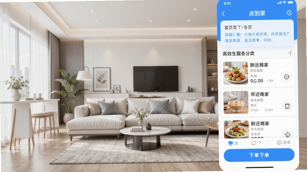��㵽��APP�����ͼ��չʾ��ҳ������ࡢ�����̼��б����µ���ť������Ϊ�ִ��Ҿӷ�񣬽���������Ϊ��ɫ��������������������ͻ����ݡ���Ч��������񳡾���