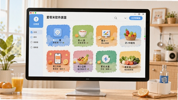 爱帮米软件主界面功能展示,扁平化设计风格,界面清晰展示各项工具模块,色彩明快,体现高效便捷的生活辅助场景
