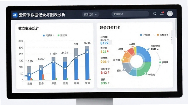 爱帮米数据记录与图表分析界面,展示收支统计或习惯打卡的图形化报表,背景简洁,突出数据可视化特点