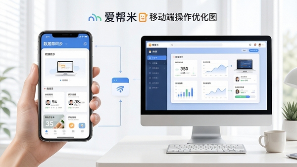 爱帮米使用场景示意图,展示手机与电脑端数据同步或移动端操作优化界面,体现跨平台使用的便捷性