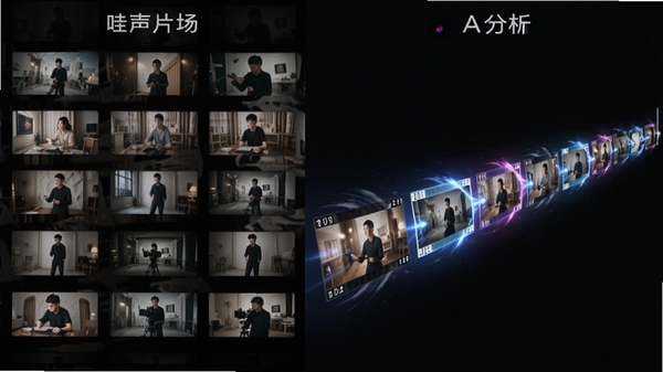 哇声片场的一键成片过程动图示意,左侧为凌乱的视频片段缩略图,右侧经过AI分析后自动排列成带有酷炫转场效果的时间线,画面流畅,充满动感。