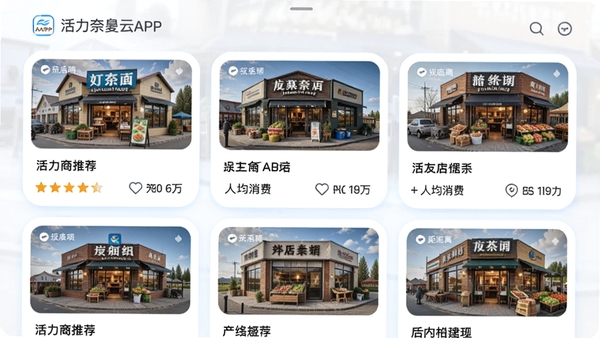 ����������APP���ܱ��̼��Ƽ�ҳ�棬���б���ʽչʾ�̼ҿ�Ƭ���������̷���ͼ���Ǽ����֡��˾����Ѻ;�����Ϣ����Ƭ���Բ�����ۡ�