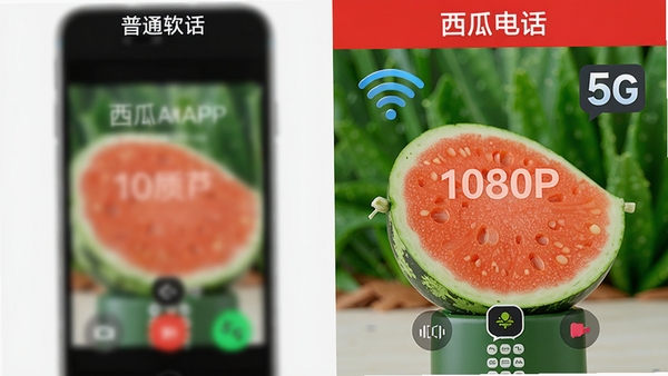 ���ϵ绰APP��Ƶͨ�����ʶԱ�ʾ��ͼ���������ͨͨ��������ģ�����棬�ұ������ϵ绰��1080P���廭�棬ɫ�ʱ�����ϸ�ڷḻ��������Wi-Fi��5G�ź�ͼ�꣬ǿ���������ȡ�
