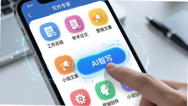 �ֻ���Ļ��ͼ����չʾ��д��ר�ҡ�APP�ڲ��ḻ��ģ��⣬�б��������ɼ��������ܽᡱ����ѧ�����ġ�����Ӫ���İ�������С˵�������Ȳ�ɫͼ����࣬��ָ���������һ����AI��д������Ŀ��ť��������������ҳ����Ƽ��С�