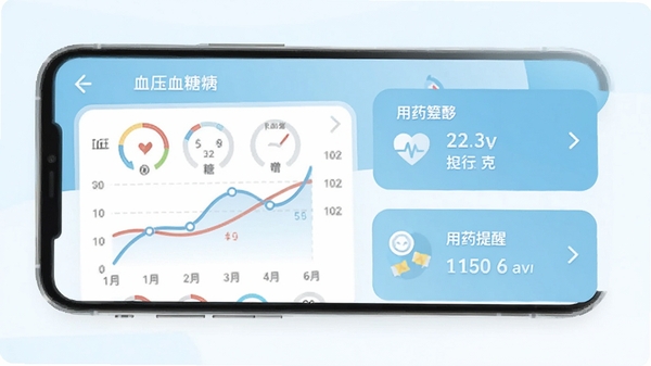 �ǻ�����app����չʾ���ֻ��˽����������棬����Ѫѹ��Ѫ������ͼ������ҩ���ѿ�Ƭ����������£�ǳ��ɫ��ɫ������ƽ����ƣ�������Ϣ�����׶�
