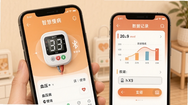 �ǻ�����app���ݼ�¼ҳ�棬����Ѫѹ���������Ӷ�����Ѫ����ֵ������棬�ֻ�UI��ƣ�ɫ����ܰ��ͻ����ݲ��������ݿ��ӻ�ͼ��