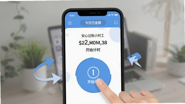 安心记账小时工软件的操作演示图,手指点击大大的开始计时按钮,界面显示今日已赚金额,背景虚化处理,突出前景应用界面,UI风格扁平清爽,箭头指示操作步骤