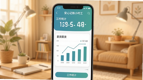 一个简洁清晰的手机记账软件界面,显示工时统计与薪资图表,背景为温馨的居家或工作场景,界面以蓝绿色调为主,突出安心记账小时工软件名称,扁平化设计风格,数字显示清晰,竖版手机截图样式