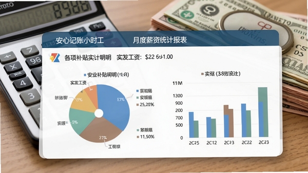 安心记账小时工软件内自动生成的月度薪资统计报表,包含各项补贴明细和实发工资,图表以圆形饼图和柱状图展示,数据清晰,背景为电脑计算器与现金,带有专业财务软件的质感