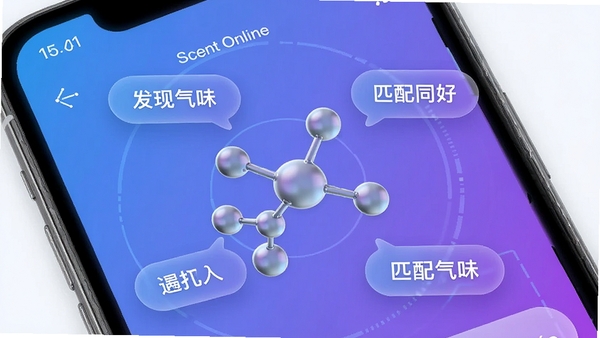 һ��չʾScent Online APP������ĸ����ֻ���ͼ��������ʱ���Ҿ��пƼ��У���ɫ��Ϊ����ɫ���䣬��Ļ������һ���������շ��ӽṹ3Dģ�ͣ���Χ�����ż������ݶԻ�������ӡ�С�������ζ������ƥ��ͬ�á���UI���֣���������������ͻ���������Ĺ������Ӿ����