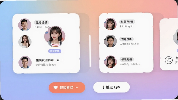 �����appƥ����棬���һ�����Ƭ��չʾ��ͬ�Ը��ǩ���û�ͷ�����飬����Ϊ��͵Ľ���ɫ���ײ��г���ϲ����������ť��UI����ִ�
