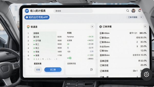 如约出行司机APP收入统计报表界面,显示每日流水和订单明细