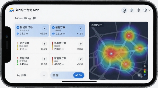 如约出行司机APP智能派单功能界面,展示附近订单列表和热力图