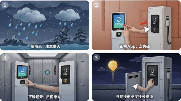 一张图示教程插画,分步骤描绘用户在不同场景下使用换易换全民换电App的注意事项,包括暴雨天、电梯内以及夜间寻找换电柜的正确与错误操作对比。