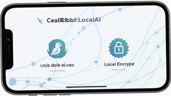一张展示清鸽LocalAI在智能手机上运行的界面截图,界面简洁现代,背景为抽象的数据流动线条,突出离线运行与本地数据加密的图标,色调以蓝色和绿色为主,体现安全与智能。