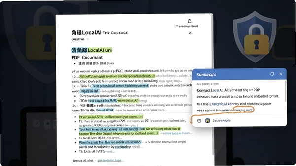 清鸽LocalAI处理一份PDF合同文档的屏幕截图,文档被高亮标注,旁边悬浮着AI生成的摘要弹窗,背景有盾牌和锁的加密图标,体现安全处理功能。