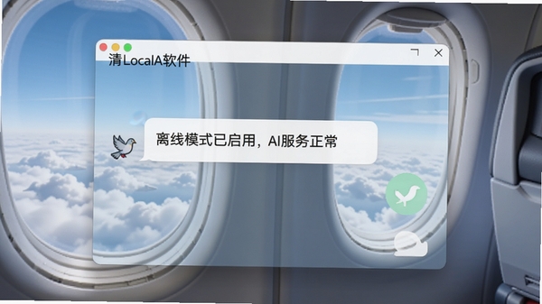 清鸽LocalAI软件在飞行模式下成功进行智能对话的界面模拟图,背景有飞机舷窗和云层元素,对话框显示“离线模式已启用,AI服务正常”的字样,画面明亮清晰。