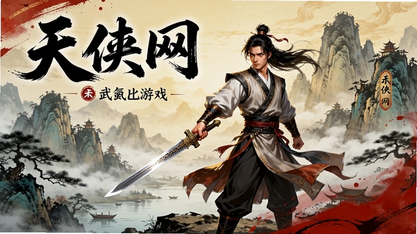 天侠网武侠游戏宣传海报,古风山水画背景,一名侠客持剑而立,画面气势恢宏,色彩鲜明,突出游戏东方武侠风格。