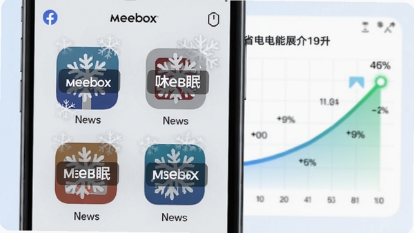 Meebox的应用冷冻功能展示,界面上多个常见的社交和新闻应用被雪花覆盖并标记为休眠状态,背景显示省电百分比上升的图表,风格清爽直观。