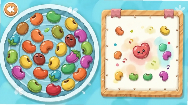 拼个豆游戏主界面截图,展示色彩缤纷的豆子盘和创作画布,风格清新可爱