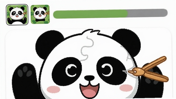 拼个豆图库挑战模式,展示一个正在拼装中的卡通熊猫图案,上方有缩略图预览和进度条
