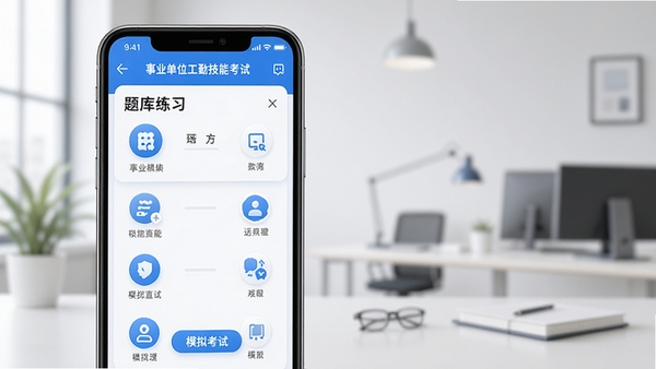 事业单位工勤技能考试APP学习界面,手机屏幕显示题库练习和模拟考试功能,背景为简约办公风格,图标清晰,色调以蓝色和白色为主,高清数字渲染