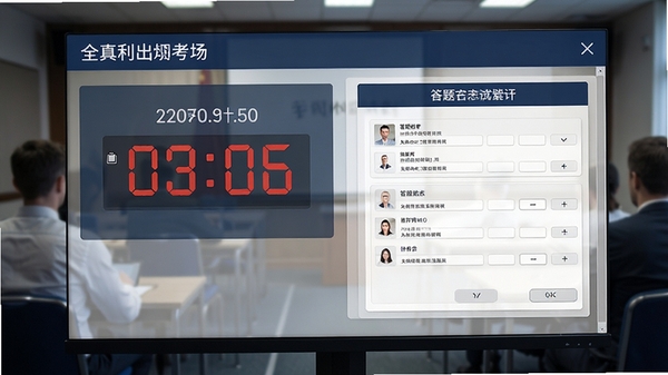 全真模拟考场界面,显示考试倒计时和答题卡,模拟真实机考环境,背景为严肃的考试氛围,色调以深蓝和灰色为主,界面布局专业